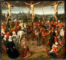 Crocifissione. Centro di un trittico. Tempera a olio su quercia (tempera su legno di quercia)