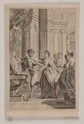 Fauno con una maschera a mano inseguito da una donna