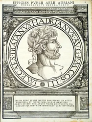 Elio Adriano, illustrazione da Imperatorum romanorum omnium orientalium et occidentalium verissimae imagines ex antiquis numismatis, xilografia di Rudolph Wyssenbach, stampata da Andreas Gesner, Zurigo