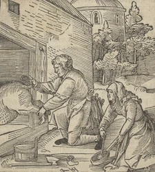 Un Contadino che Macella un Maiale, da Hymmelwagen auff dem, wer wol lebt..., 1517