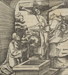 Un uomo che prega davanti a un crocifisso, da Hymmelwagen auff dem, wer wol lebt..., 1517