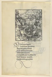 Unfalo che mette in pericolo Theuerdanck mentre spara un cannone, da Theuerdanck, 1517