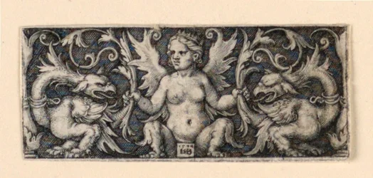 Fregio con figura femminile alata e due galli grotteschi