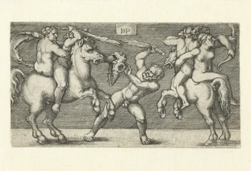 Combattimento tra due uomini con donne a cavallo e un uomo in piedi