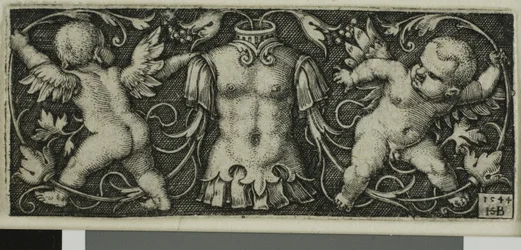 Ornamento con armatura e due geni, da Quattro Vignette