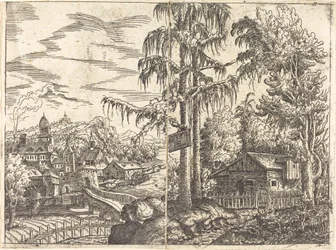 Paesaggio con vista di un cottage di un contadino e una città vicino a un fiume, 1551