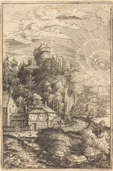 Paesaggio con castello e sole radiante