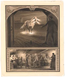 Illustrazione per St. St. Blicher: "Mowns". Helhesten e Mowns; f.n.: danza in una casa contadina