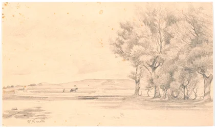 Paesaggio con campo arato; a destra alberi alti