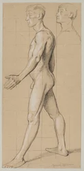 Nudo di uomo in cammino di profilo, nell