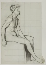 Nudo di uomo seduto di profilo