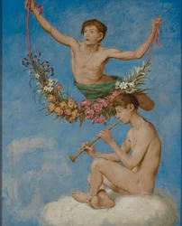 Maggio (due giovani geni con fiori)