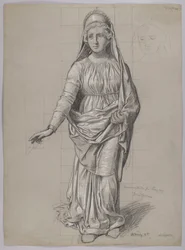 Progetto di costume per Fricka, verso: schizzo di costume per una Valchiria