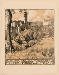 Veduta della Chiesa di San Nicola Taumaturgo sulla collina a Gardone Riviera sul Lago di Garda, Lombardia, con una bordura di motivi a rami d