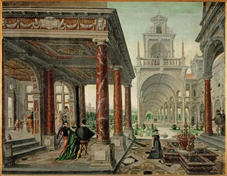 Architettura di palazzo con elegante compagnia (olio su tela)