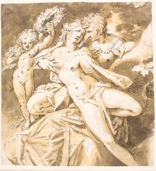 Danese: Marte che accarezza Venere; sinistra. un Cupido che le porge una corona di fiori