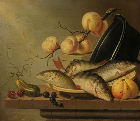 Natura morta con pesce e frutta