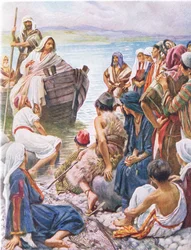 Cristo che predica dalla barca, illustrazione da Harold Copping Pictures: The Crown Series, c.1920s