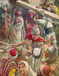 Portò la croce per Gesù, Matteo, 27, 32 (litografia a colori)