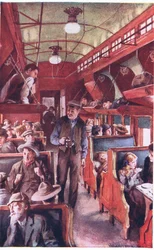 Interno di un treno di emigranti canadesi, 1900 circa (litografia a colori)