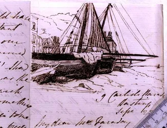 Vignetta di barche da pesca a Hastings, uno schizzo in una lettera a Michael Faraday, 23 settembre 1853 (penna e inchiostro su carta)