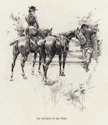 Cavalieri che si fermano per aprire un cancello