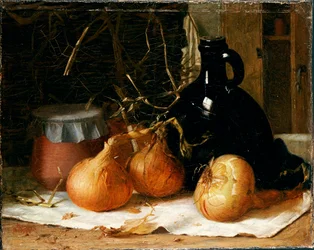 Cipolle, una Brocca e un Vaso di Ceramica su una Tovaglia