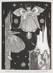 In questo stesso istante la giovane fata uscì da dietro le tende. Illustrazione per la storia La bella addormentata nel bosco