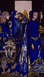 Etain, Helen, Maeve e Fand, la tenera mano dorata di Deirdre, illustrazione di Harry Clarke da 