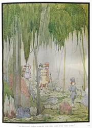 Li riportò a casa per la stessa strada da cui erano venuti. Illustrazione per la storia Pollicino. Bambini in una foresta