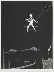 "Il piccolo pollice mantenne la sua parola e tornò quella stessa notte con la notizia." Un messaggero che vola nel cielo notturno. Illustrazione per la storia, "il piccolo pollice."
