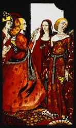 Regine il cui dito una volta agitava gli uomini. "Regine", nove pannelli di vetro acidati, macchiati e dipinti, Illustrando la poesia di J.M. Synge, 1917
