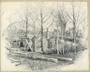 Disegno, aspetto attuale del mulino di Gaines, guardando verso est, 1885