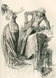Edith e Mr. Carker. "Stava venendo verso di lei allegramente, quando, in un istante, lei afferrò il coltello dal tavolo e fece un passo indietro. "Fermo," disse, "o ti ucciderò!" Illustrazione di Harry Furniss per il romanzo di Charles Dickens