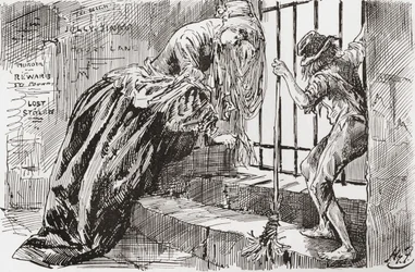Lady Dedlock e Jo. "È stato messo lì," dice Jo, tenendosi alle sbarre e guardando dentro, mentre Lady Dedlock si ritrae in un angolo. Illustrazione di Harry Furniss per il romanzo di Charles Dickens Bleak House, dall