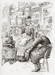 Il signor Riah e la signorina Wren ai Sei Allegri Compagni Portatori. "Aspetta un attimo," intervenne la signorina Wren. "Darò alla signora il mio biglietto da visita." Lo tirò fuori dalla tasca dopo aver lottato con la gigantesca chiave della porta che lo