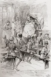 Fame nella casa di lavoro. "Per favore signore, ne voglio ancora." "Il Maestro fissò in stupore stupefatto il piccolo ribelle per alcuni secondi, e si aggrappò per supporto al rame. Gli assistenti erano paralizzati dalla meraviglia; i ragazzi dalla paura. 