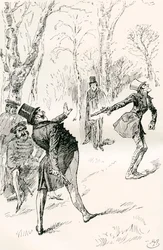 Il duello dopo il ballo. "Gli occhi di Mr. Winkle essendo chiusi, gli impedirono di osservare il comportamento molto straordinario e inspiegabile del dottor Slammer. Quel gentiluomo fissò, si strofinò gli occhi e, infine, gridò "Fermati, fermati! non è lui