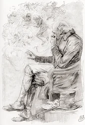 Il sogno di Trotty. "Trotty ha sognato? O sono le sue gioie e dolori, e gli attori in essi, solo un sogno; lui stesso un sogno; il narratore di questa storia un sognatore, svegliandosi solo ora?" Illustrazione di Harry Furniss per il racconto Le campane da