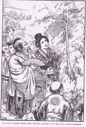 Tutti gli alberi appassiti si ricoprirono immediatamente di splendidi fiori di ciliegio (Il vecchio che faceva fiorire gli alberi appassiti) (litografia)