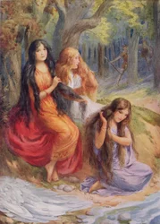 Hladgrun, Olrun e Alvit, illustrazione da "The Wayland Smith" illustrata in "Northern Legends" di Raphael Tuck (pub) (litografia a colori)