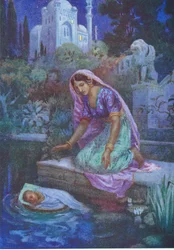 Kunti non osò disobbedire. Dai Fratelli avventurosi, illustrazione da "Storie per bambini di leggende indiane", anni 