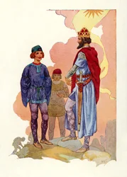 Merlino condotto davanti al re (litografia a colori)