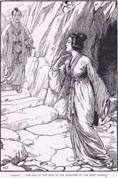 Okhuni fu accolto al cancello dalla figlia del grande Susano (da Susano e Ohkuni) (litografia)
