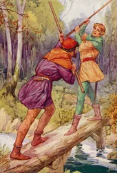 Robin Hood e Little John (litografia a colori)