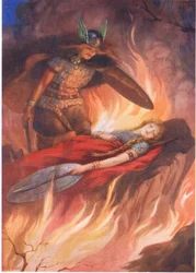 Sigurd e Brynhild" da "La spada dei Volsung" illustrato in "Storie per bambini dalle leggende del Nord" pubblicato da Raphael Tuck (litografia a colori)