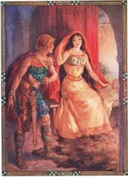 La dama si scopre il volto (da La dama antipatica e il cavaliere galante) (litografia a colori)
