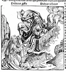 Elia sale su un carro di fuoco, lasciando i suoi beni a Eliseo. Hartmann Schedel: Cronaca di Norimberga. Norimberga 1497