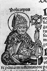 Ritratto di San Policarpo di Smirne, vescovo. Incisione dalle "Cronache di Norimberga" di Hartmann Schedel