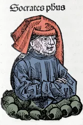 Ritratto di Socrate (470-399 a.C.), filosofo greco. Xilografia delle 